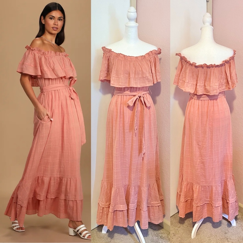 Caught Your Heart Blush Pink Tiered Off-the-Shoulder Maxi Dress